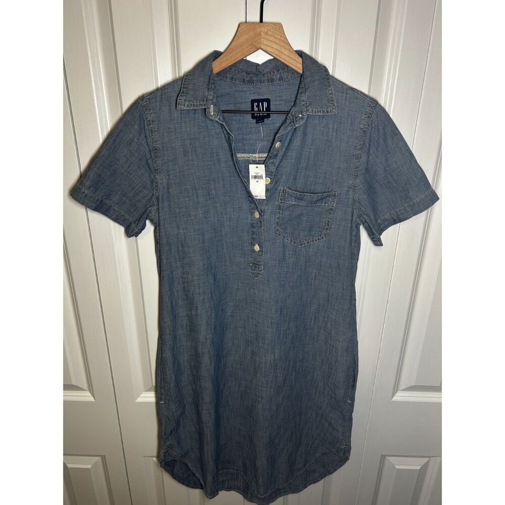 NWT Gap Denim Chambray Short-Sleeve Popover Dress Size XS Casual Shirtdress Mini